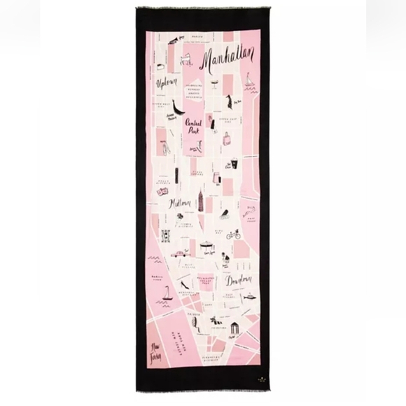 KATE SPADE NEW YORK MANHATTAN MAP OBLONG SCARF PINK & BLACK WOMEN OS *FLAWED* - Picture 12 of 16